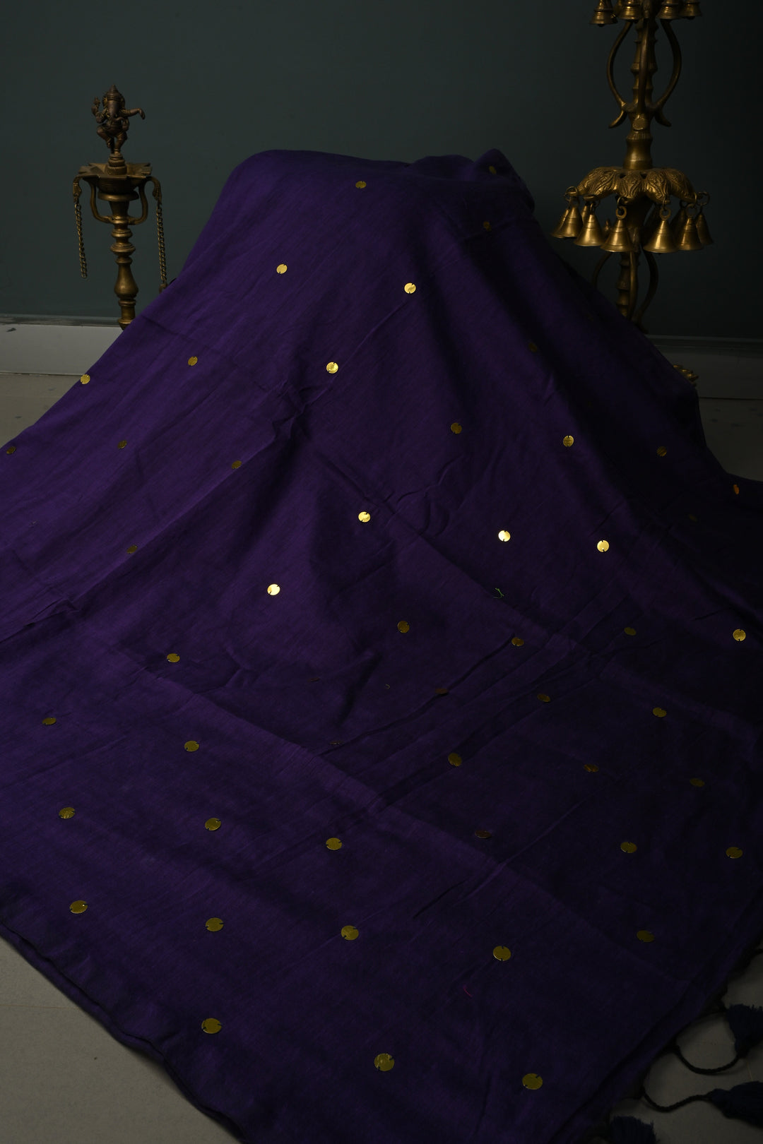 Eggplant Purple Mercerized Mul Cotton saree in With Tikki work and Long Tassels, No Blouse Piece | SHOBITAM