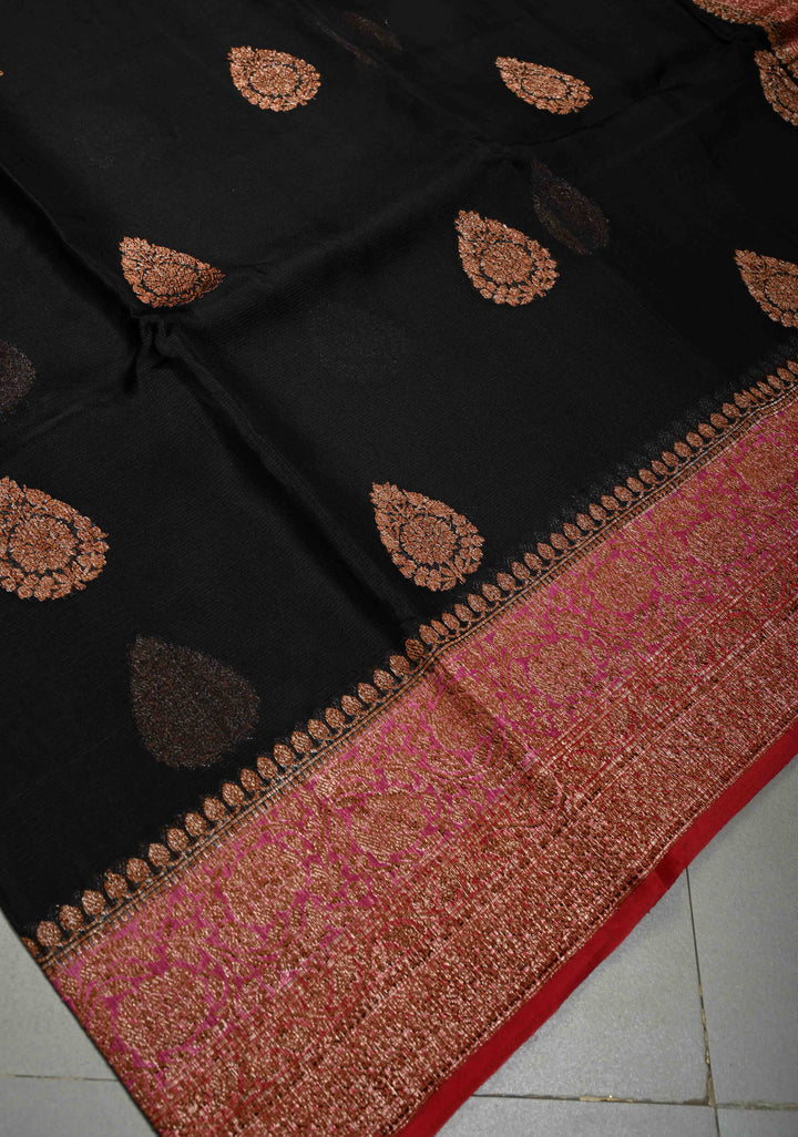 Black Pure Banarasi Kora Silk Saree with Floral Antique Zari Buttas and Contrast Zari Border| SILK MARK CERTIFIED | SHOBITAM