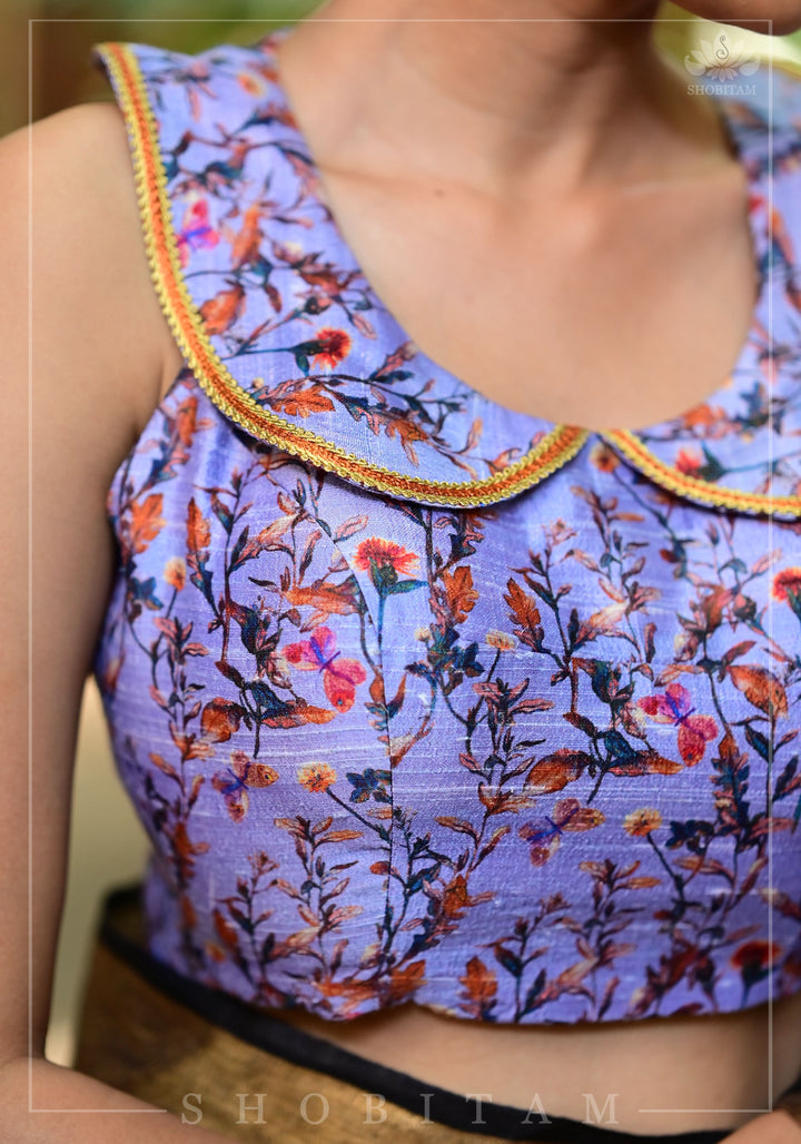 Lavender floral pure rawsilk collared blouse