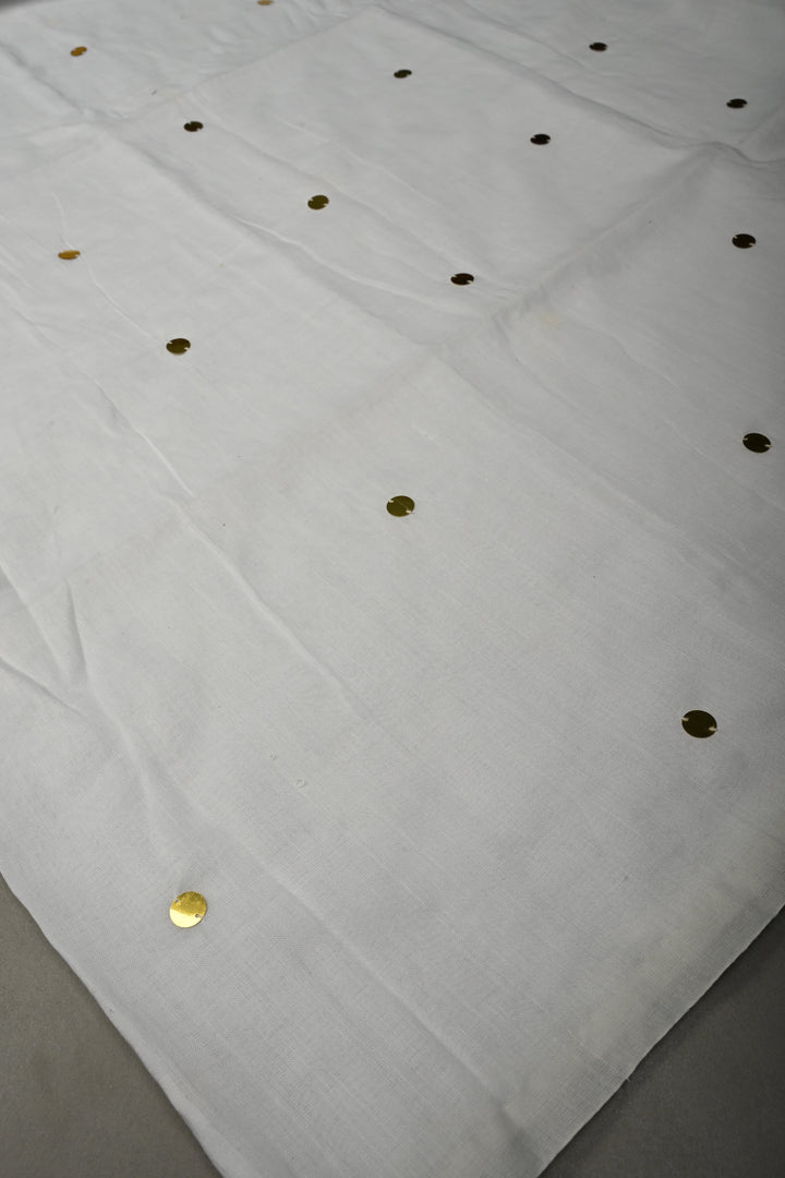 White Mercerized Mul Cotton Saree with Tikki Work and Long Tassels, No Blouse Piece | SHOBITAM