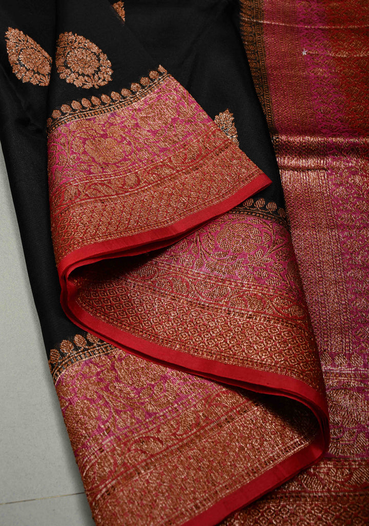 Black Pure Banarasi Kora Silk Saree with Floral Antique Zari Buttas and Contrast Zari Border| SILK MARK CERTIFIED | SHOBITAM