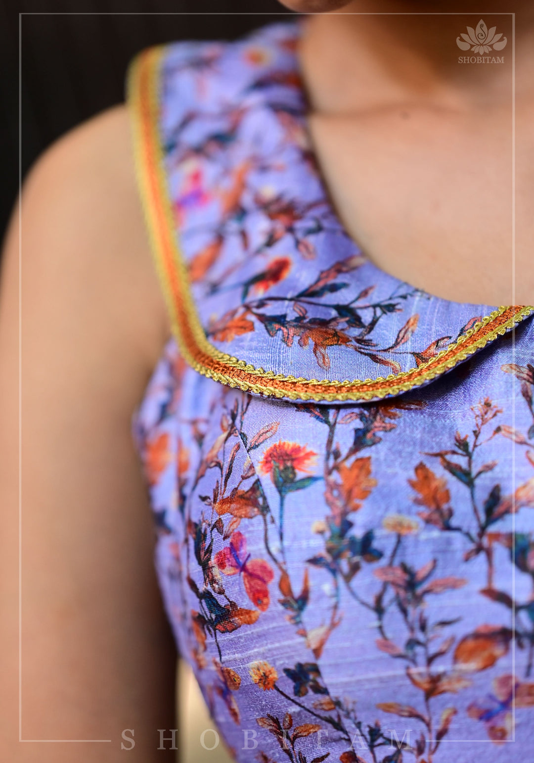 Lavender floral pure rawsilk collared blouse