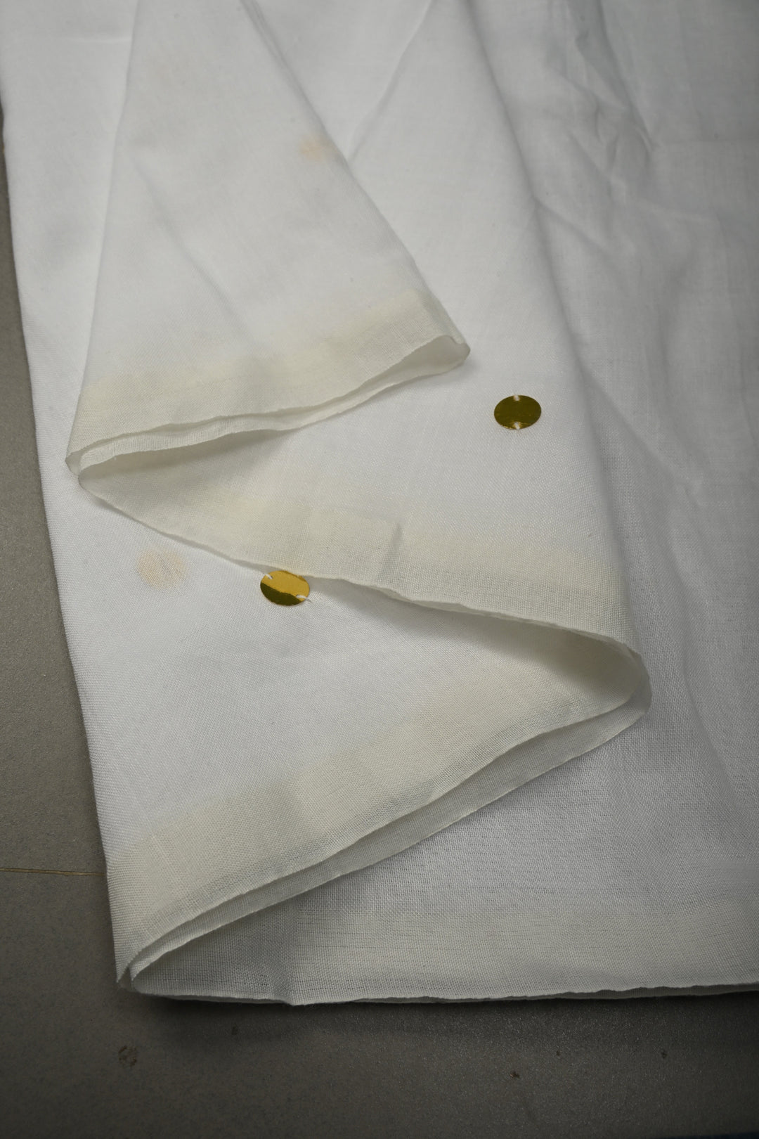 White Mercerized Mul Cotton Saree with Tikki Work and Long Tassels, No Blouse Piece | SHOBITAM