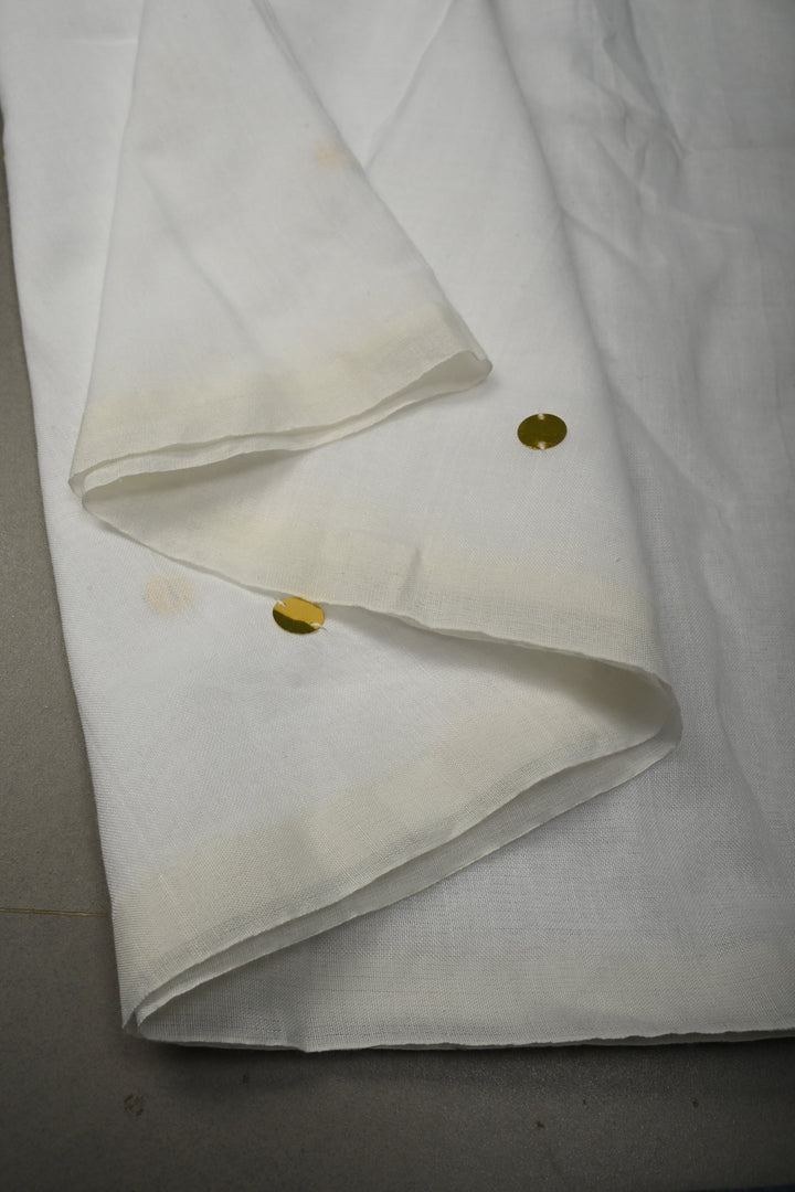 White Mercerized Mul Cotton Saree with Tikki Work and Long Tassels, No Blouse Piece | SHOBITAM