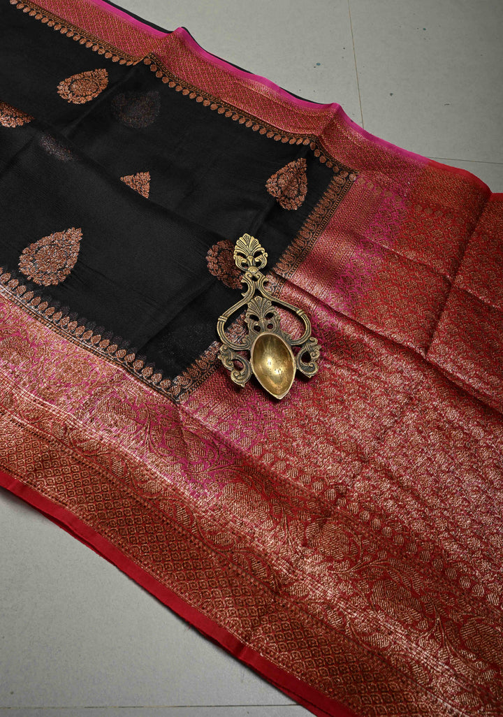 Black Pure Banarasi Kora Silk Saree with Floral Antique Zari Buttas and Contrast Zari Border| SILK MARK CERTIFIED | SHOBITAM