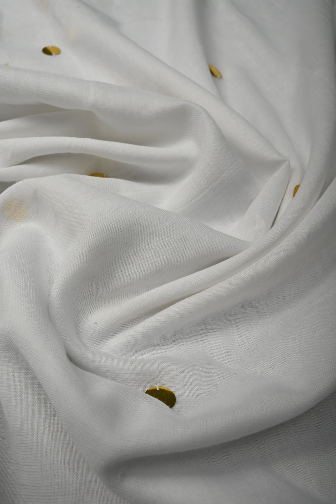 White Mercerized Mul Cotton Saree with Tikki Work and Long Tassels, No Blouse Piece | SHOBITAM
