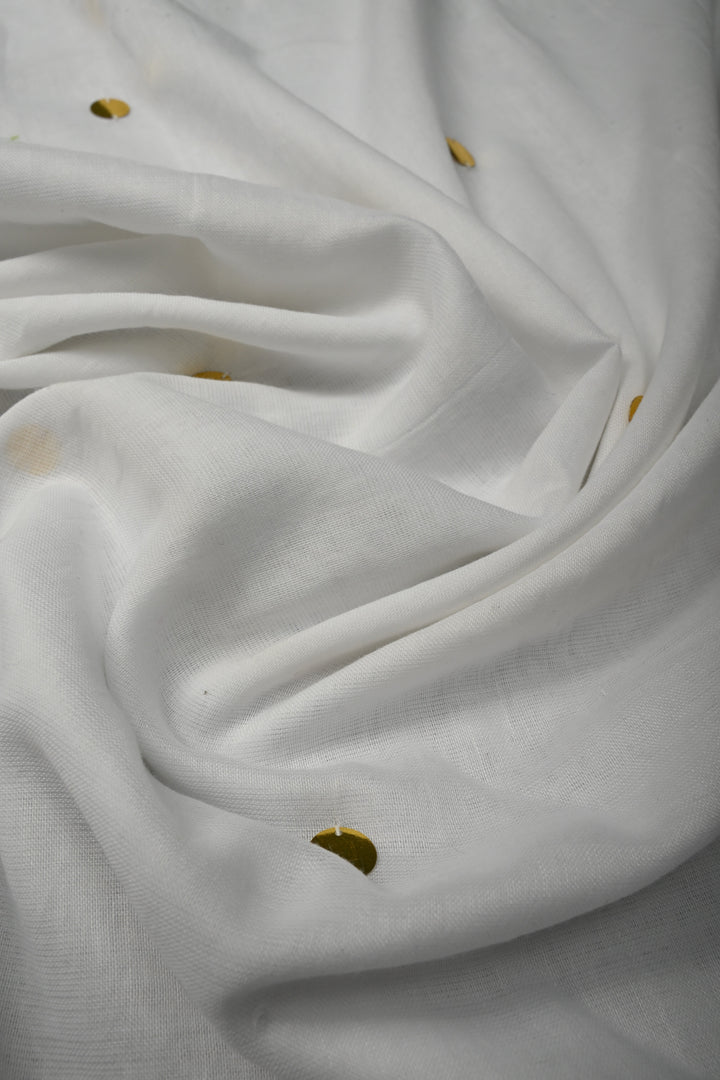 White Mercerized Mul Cotton Saree with Tikki Work and Long Tassels, No Blouse Piece | SHOBITAM