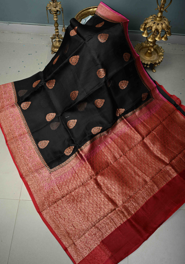 Black Pure Banarasi Kora Silk Saree with Floral Antique Zari Buttas and Contrast Zari Border| SILK MARK CERTIFIED | SHOBITAM