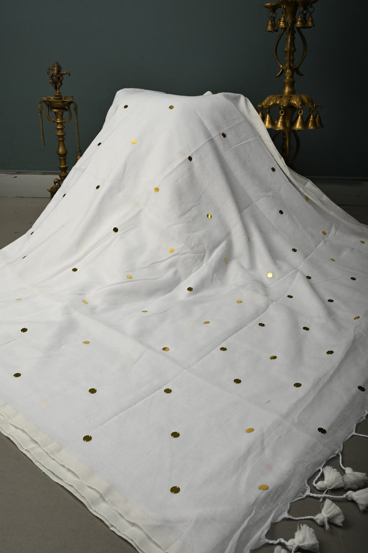White Mercerized Mul Cotton Saree with Tikki Work and Long Tassels, No Blouse Piece | SHOBITAM