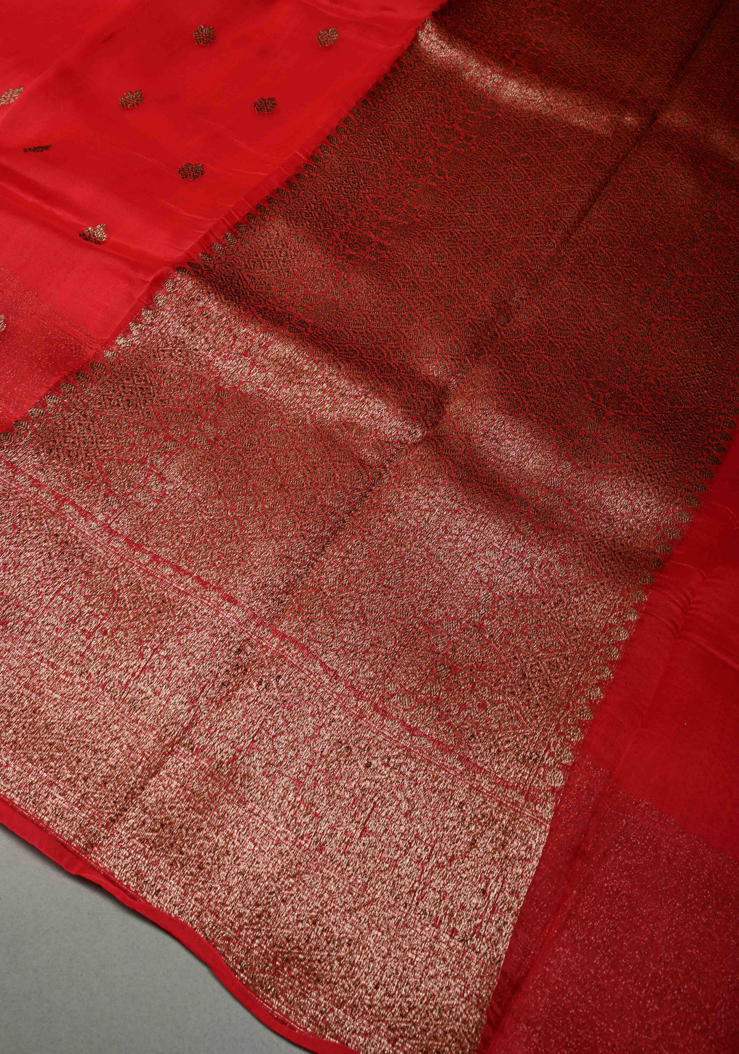 Blood Red Pure Banarasi Kora Silk Saree with Floral Antique Oxidized Zari Buttas and Zari Border| SILK MARK CERTIFIED | SHOBITAM