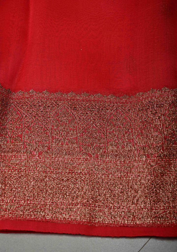 Blood Red Pure Banarasi Kora Silk Saree with Floral Antique Oxidized Zari Buttas and Zari Border| SILK MARK CERTIFIED | SHOBITAM