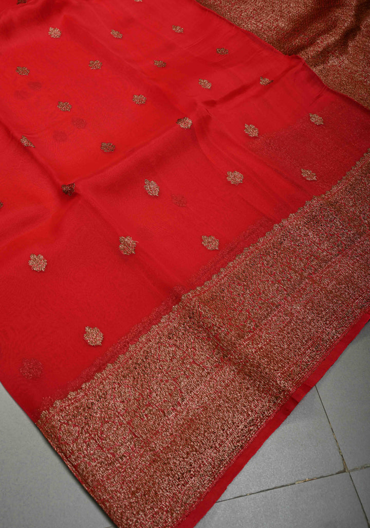 Blood Red Pure Banarasi Kora Silk Saree with Floral Antique Oxidized Zari Buttas and Zari Border| SILK MARK CERTIFIED | SHOBITAM