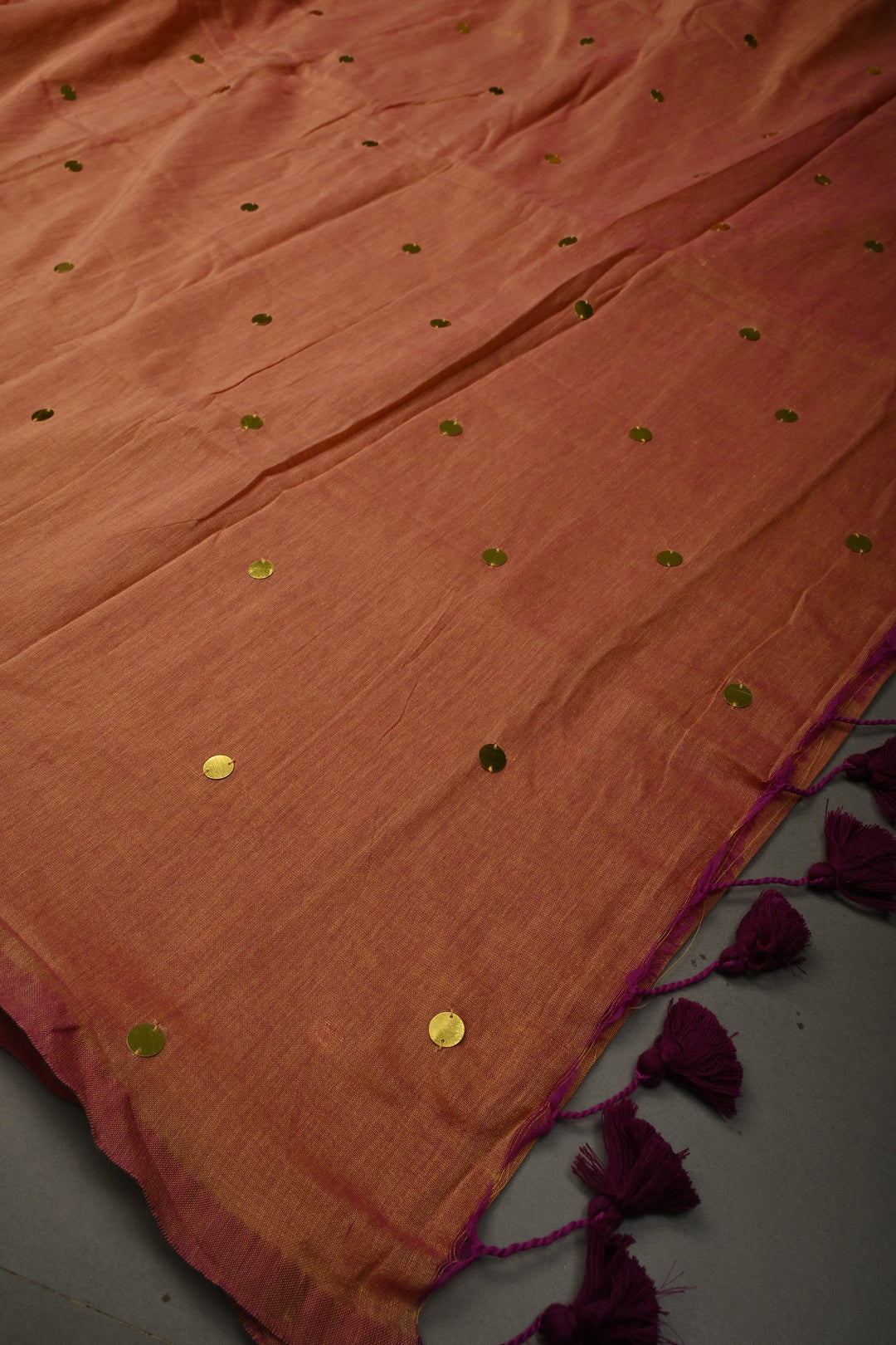 Sandstone -Pink Dual Tone Mercerized Mul Cotton saree in With Tikki work and Long Tassels, No Blouse Piece
