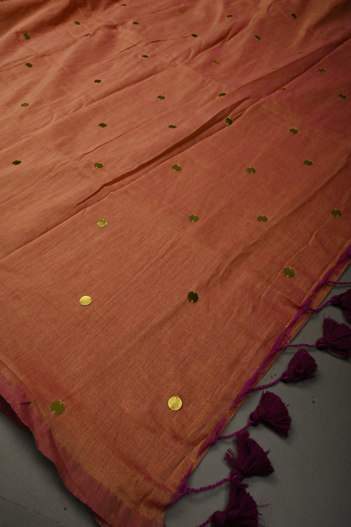 Sandstone -Pink Dual Tone Mercerized Mul Cotton saree in With Tikki work and Long Tassels, No Blouse Piece