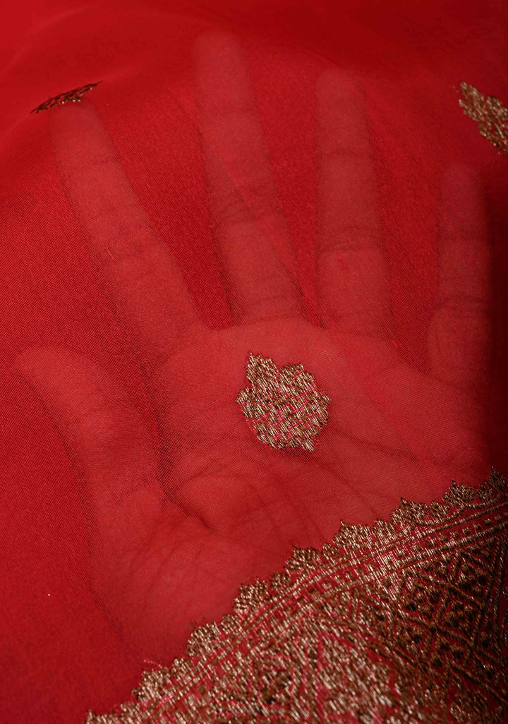 Blood Red Pure Banarasi Kora Silk Saree with Floral Antique Oxidized Zari Buttas and Zari Border| SILK MARK CERTIFIED | SHOBITAM