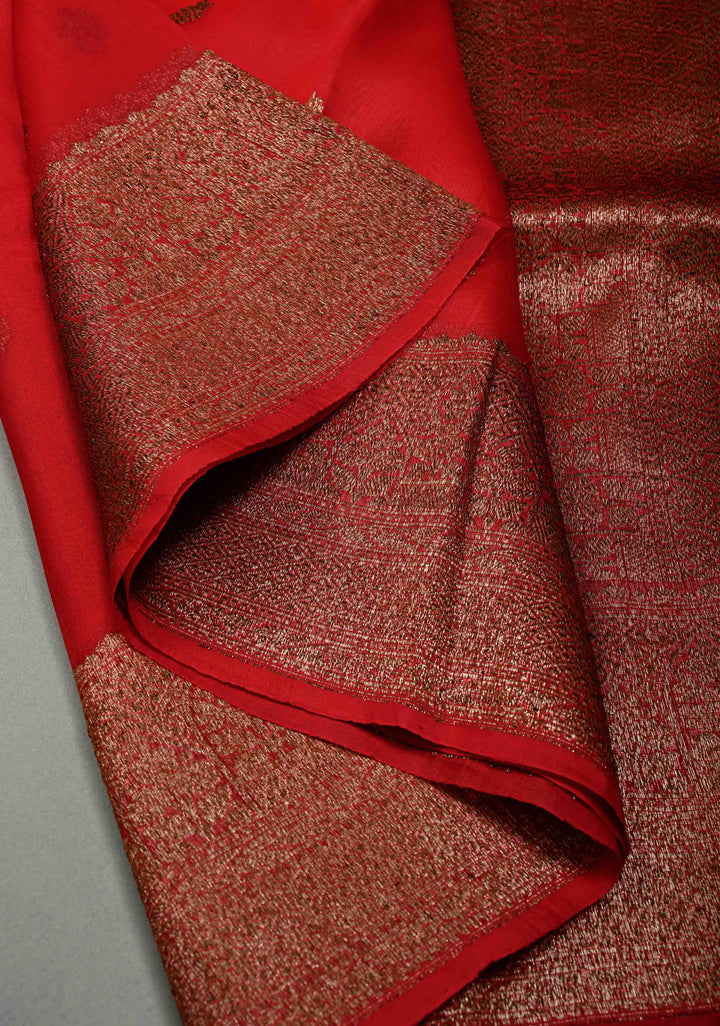 Blood Red Pure Banarasi Kora Silk Saree with Floral Antique Oxidized Zari Buttas and Zari Border| SILK MARK CERTIFIED | SHOBITAM