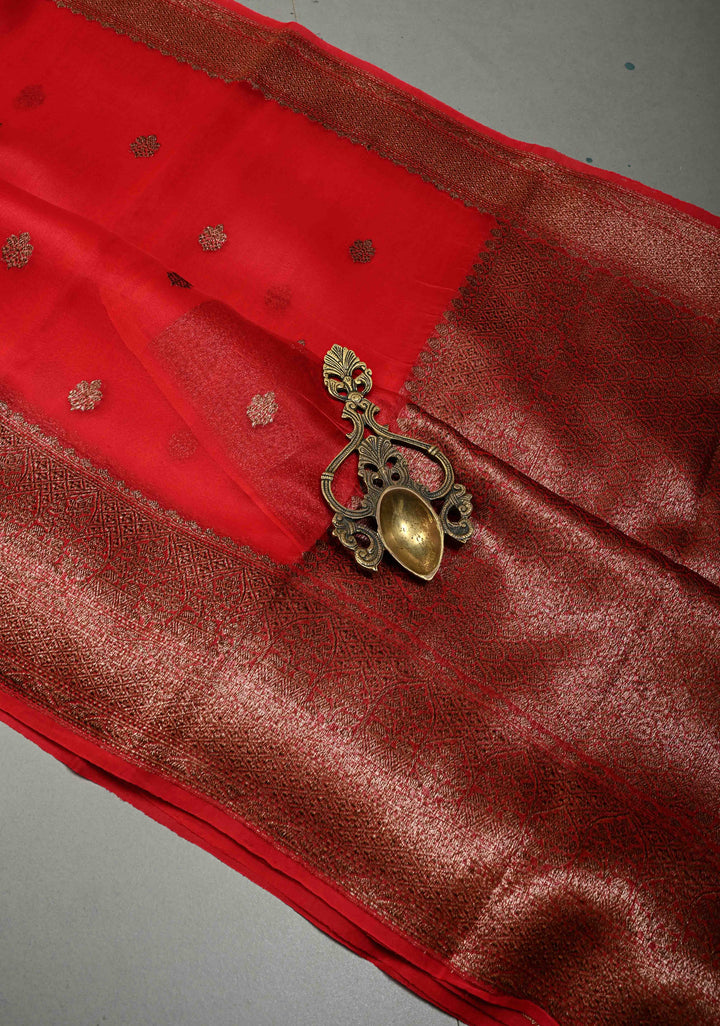 Blood Red Pure Banarasi Kora Silk Saree with Floral Antique Oxidized Zari Buttas and Zari Border| SILK MARK CERTIFIED | SHOBITAM