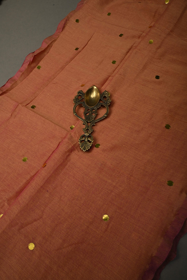 Sandstone -Pink Dual Tone Mercerized Mul Cotton saree in With Tikki work and Long Tassels, No Blouse Piece