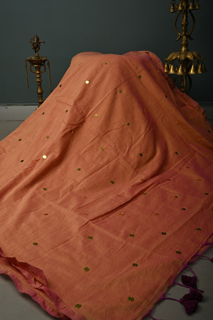 Sandstone -Pink Dual Tone Mercerized Mul Cotton saree in With Tikki work and Long Tassels, No Blouse Piece