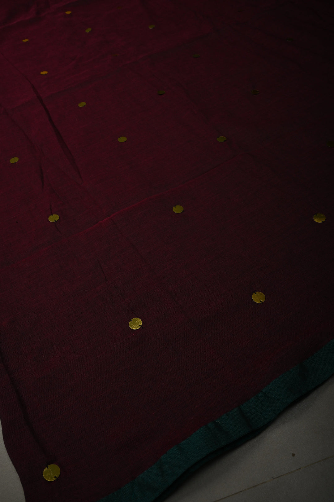 Tyrian Purple Mercerized Mul Cotton Saree with Tikki Work and Long Tassels, No Blouse Piece | SHOBITAM