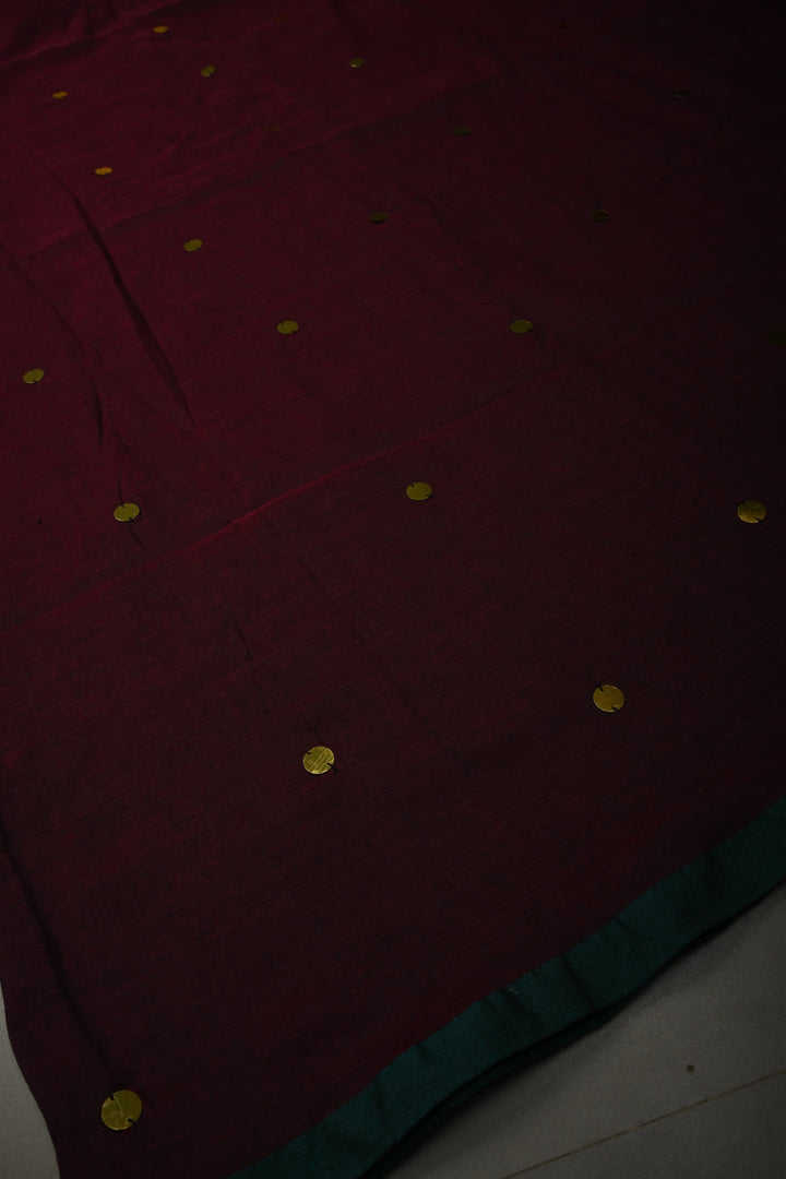 Tyrian Purple Mercerized Mul Cotton Saree with Tikki Work and Long Tassels, No Blouse Piece | SHOBITAM