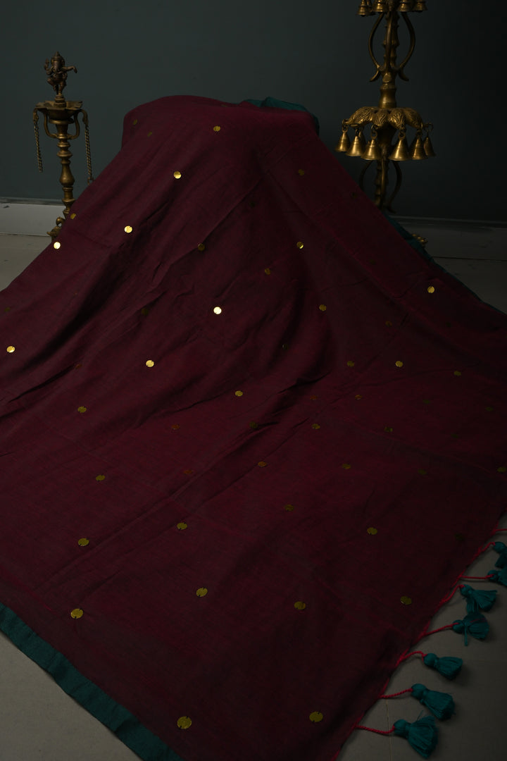 Tyrian Purple Mercerized Mul Cotton Saree with Tikki Work and Long Tassels, No Blouse Piece | SHOBITAM