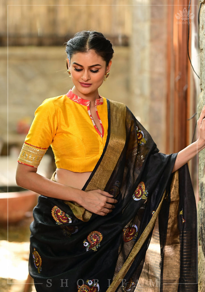 Annapakshi -the divine Swan embroidered motifs on Black Silk Linen Saree