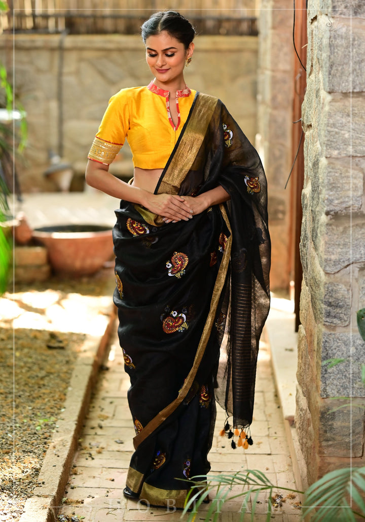 Annapakshi -the divine Swan embroidered motifs on Black Silk Linen Saree