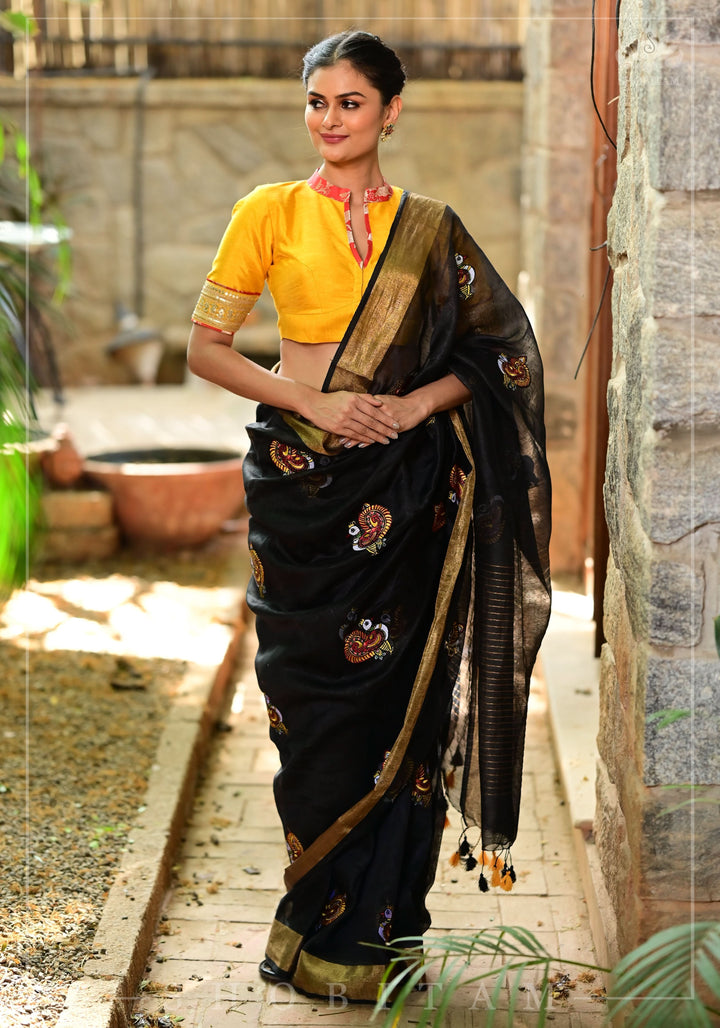 Annapakshi -the divine Swan embroidered motifs on Black Silk Linen Saree