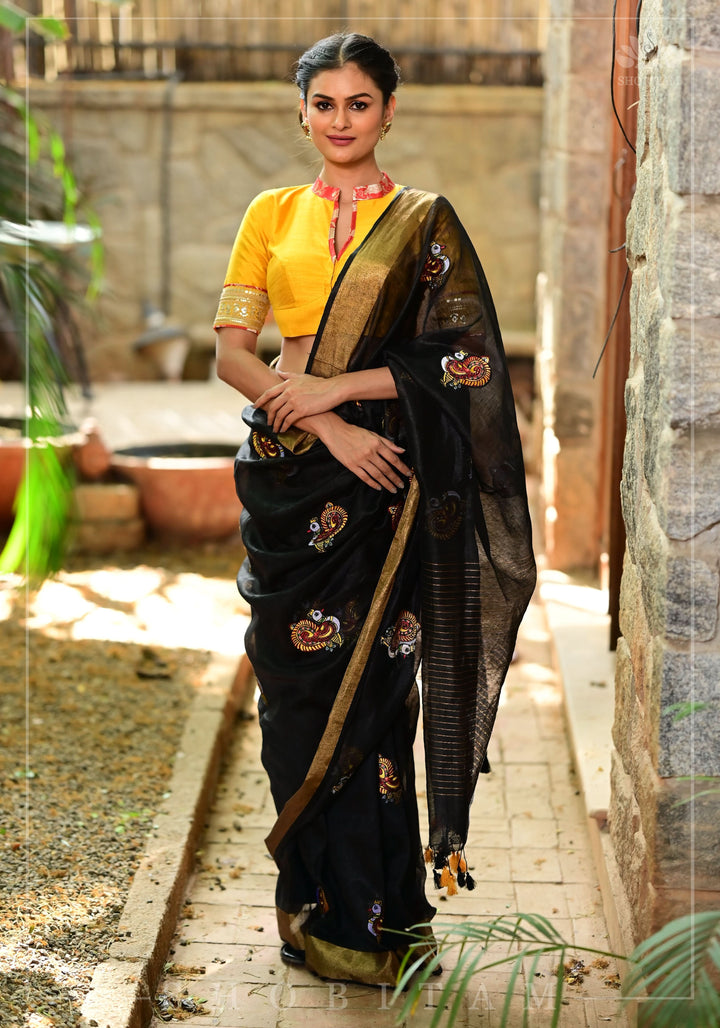 Annapakshi -the divine Swan embroidered motifs on Black Silk Linen Saree