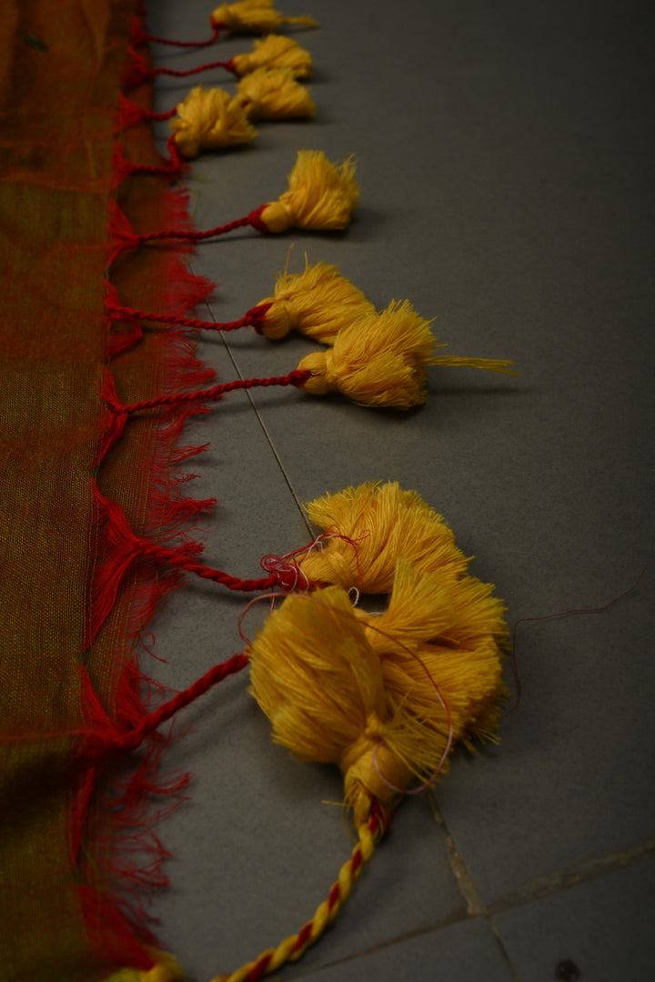 Green-Red Dual Tone Mercerized Mul Cotton saree in With Tikki work and Long Tassels, No Blouse Piece | SHOBITAM