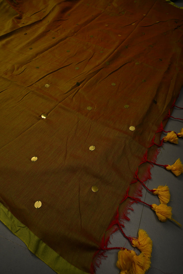Green-Red Dual Tone Mercerized Mul Cotton saree in With Tikki work and Long Tassels, No Blouse Piece | SHOBITAM