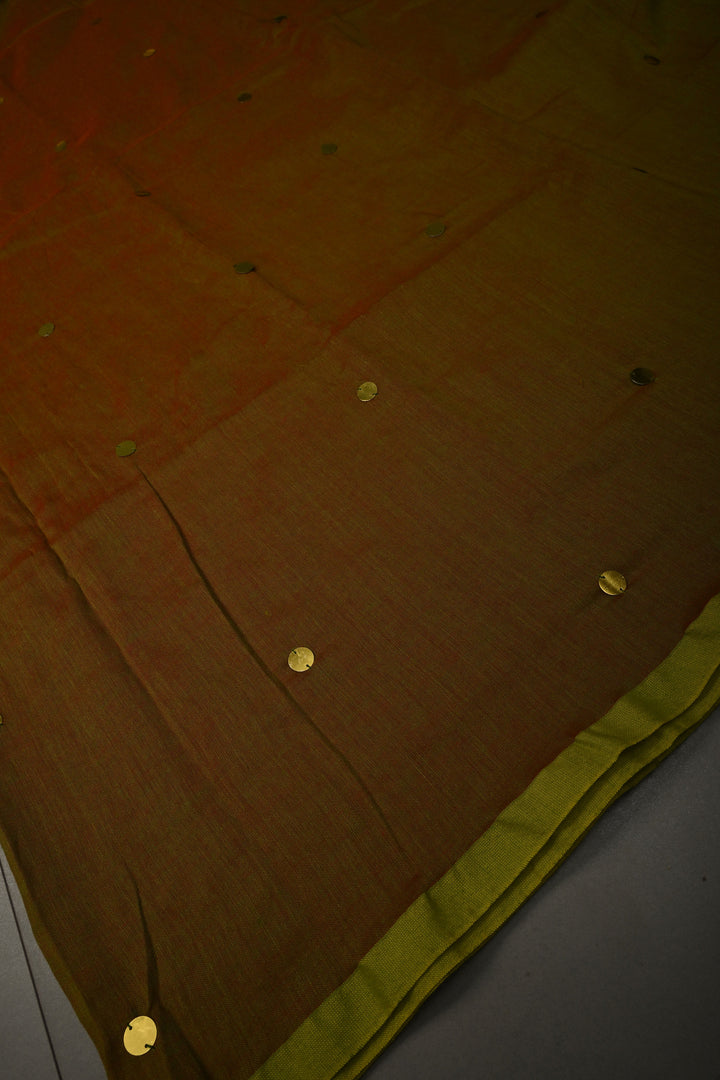 Green-Red Dual Tone Mercerized Mul Cotton saree in With Tikki work and Long Tassels, No Blouse Piece | SHOBITAM