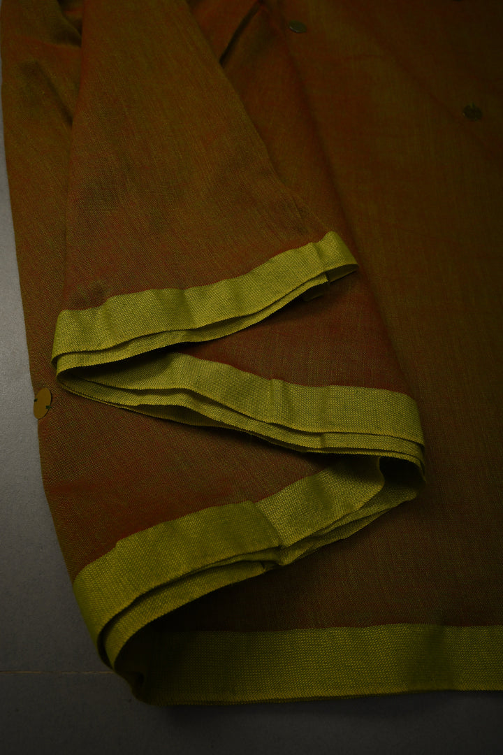 Green-Red Dual Tone Mercerized Mul Cotton saree in With Tikki work and Long Tassels, No Blouse Piece | SHOBITAM