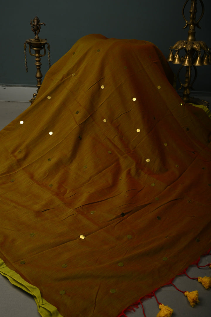 Green-Red Dual Tone Mercerized Mul Cotton saree in With Tikki work and Long Tassels, No Blouse Piece | SHOBITAM