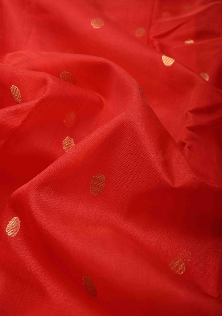 Chanderi Silk Saree in Red with Zari Butta  Meenakari Sona Rupa Twin Peacock Buttas above Zari Border