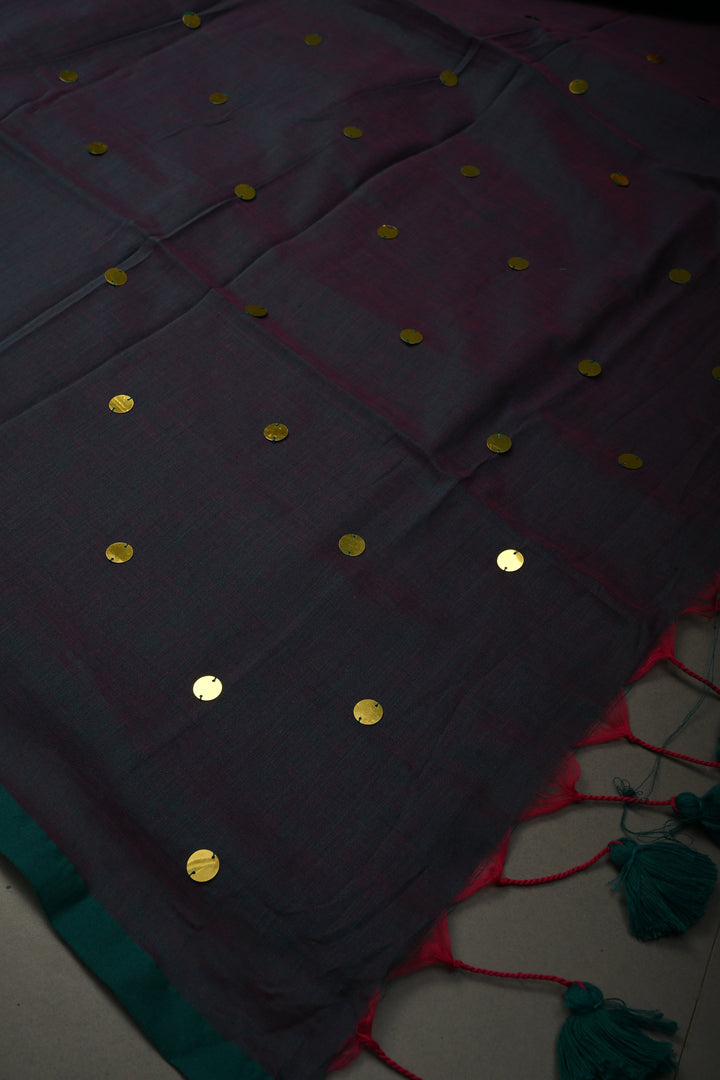 Peacock Green-Pink Dual Tone Mercerized Mul Cotton saree in With Tikki work and Long Tassels, No Blouse Piece | SHOBITAM