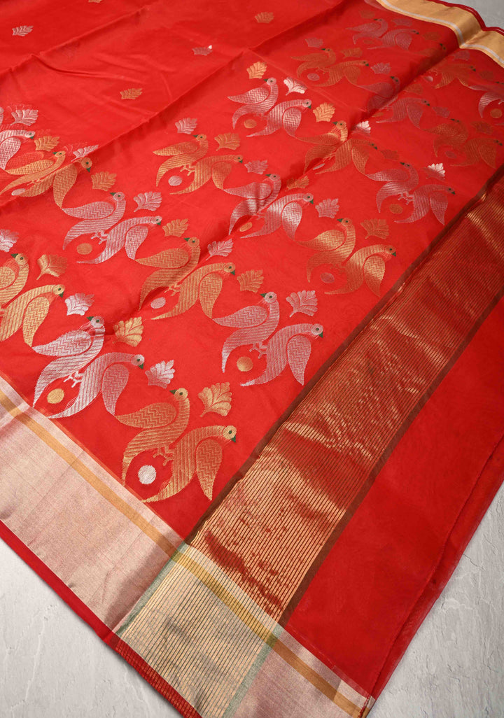 Chanderi Silk Saree in Red with Zari Butta  Meenakari Sona Rupa Twin Peacock Buttas above Zari Border