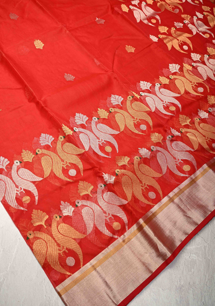 Chanderi Silk Saree in Red with Zari Butta  Meenakari Sona Rupa Twin Peacock Buttas above Zari Border