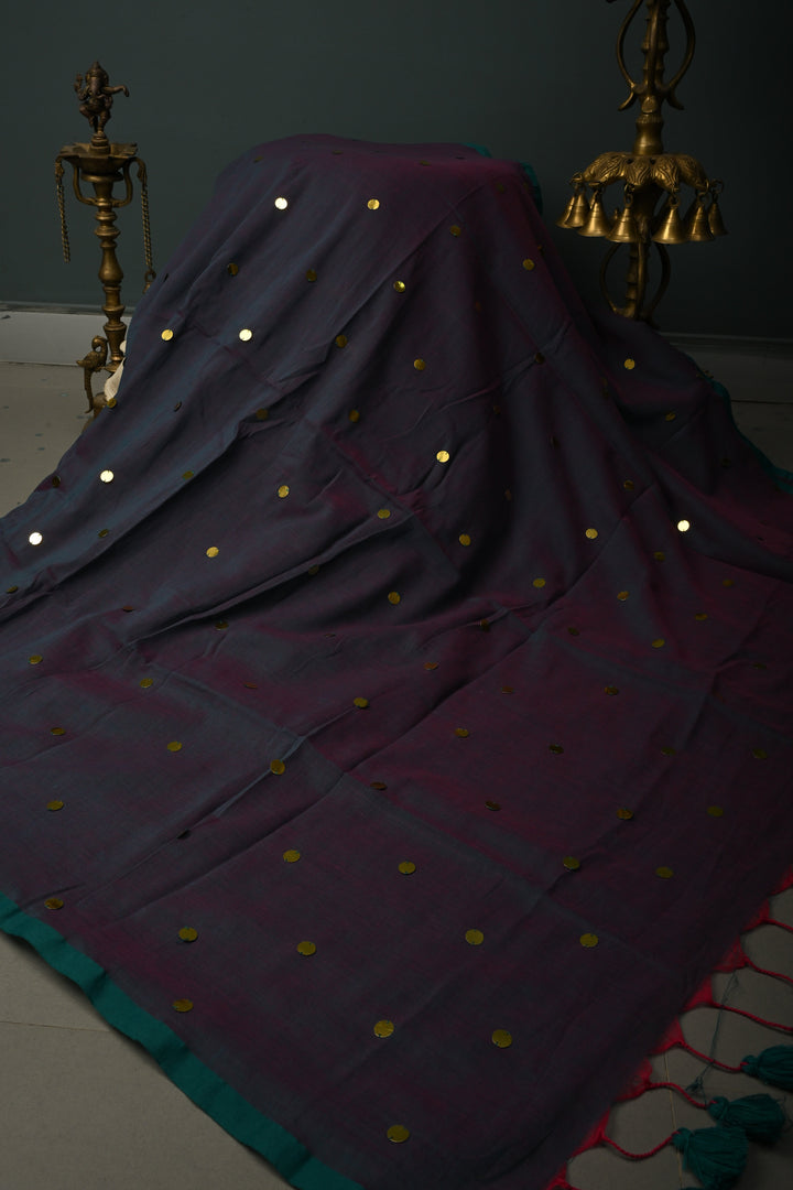 Peacock Green-Pink Dual Tone Mercerized Mul Cotton saree in With Tikki work and Long Tassels, No Blouse Piece | SHOBITAM