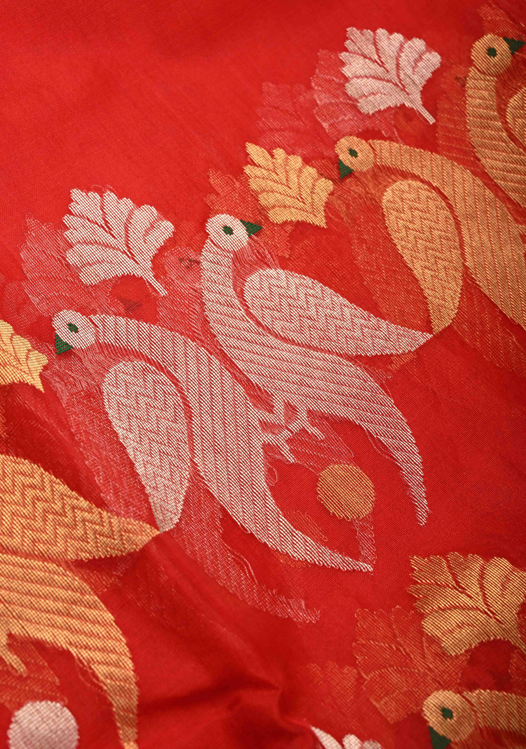 Chanderi Silk Saree in Red with Zari Butta  Meenakari Sona Rupa Twin Peacock Buttas above Zari Border