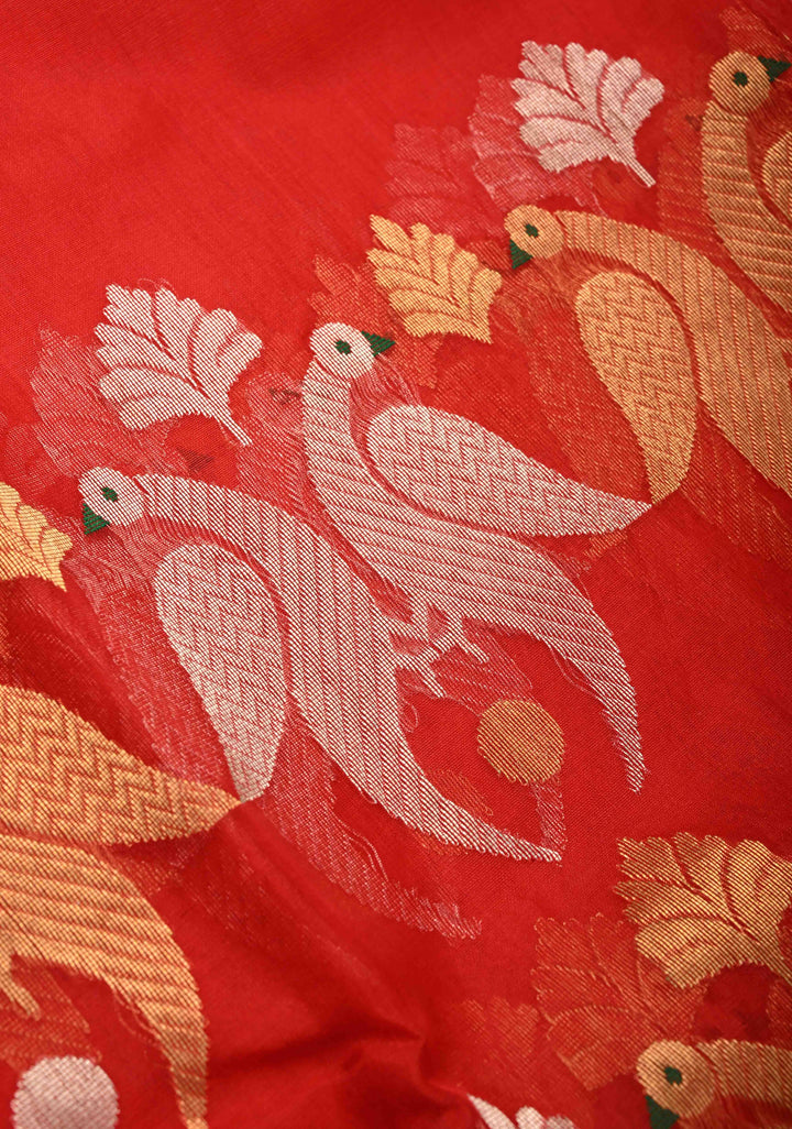 Chanderi Silk Saree in Red with Zari Butta  Meenakari Sona Rupa Twin Peacock Buttas above Zari Border
