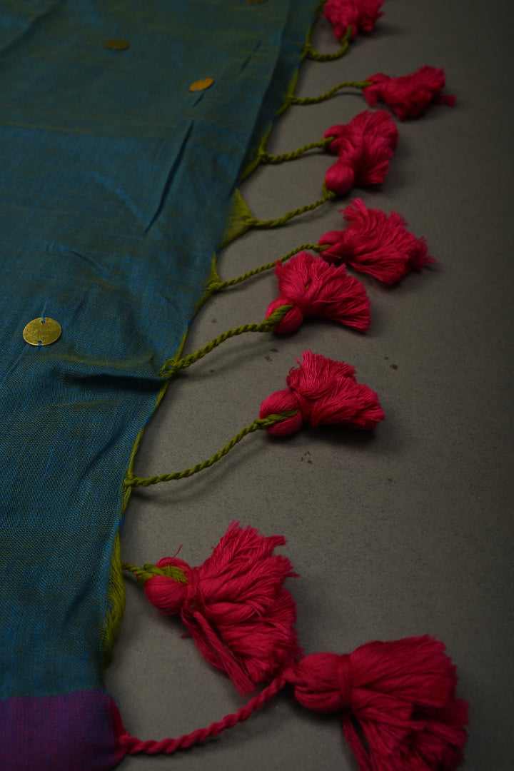Peacock Blue Dual Tone Mercerized Mul Cotton Saree with Tikki Work and Long Tassels, No Blouse Piece | SHOBITAM