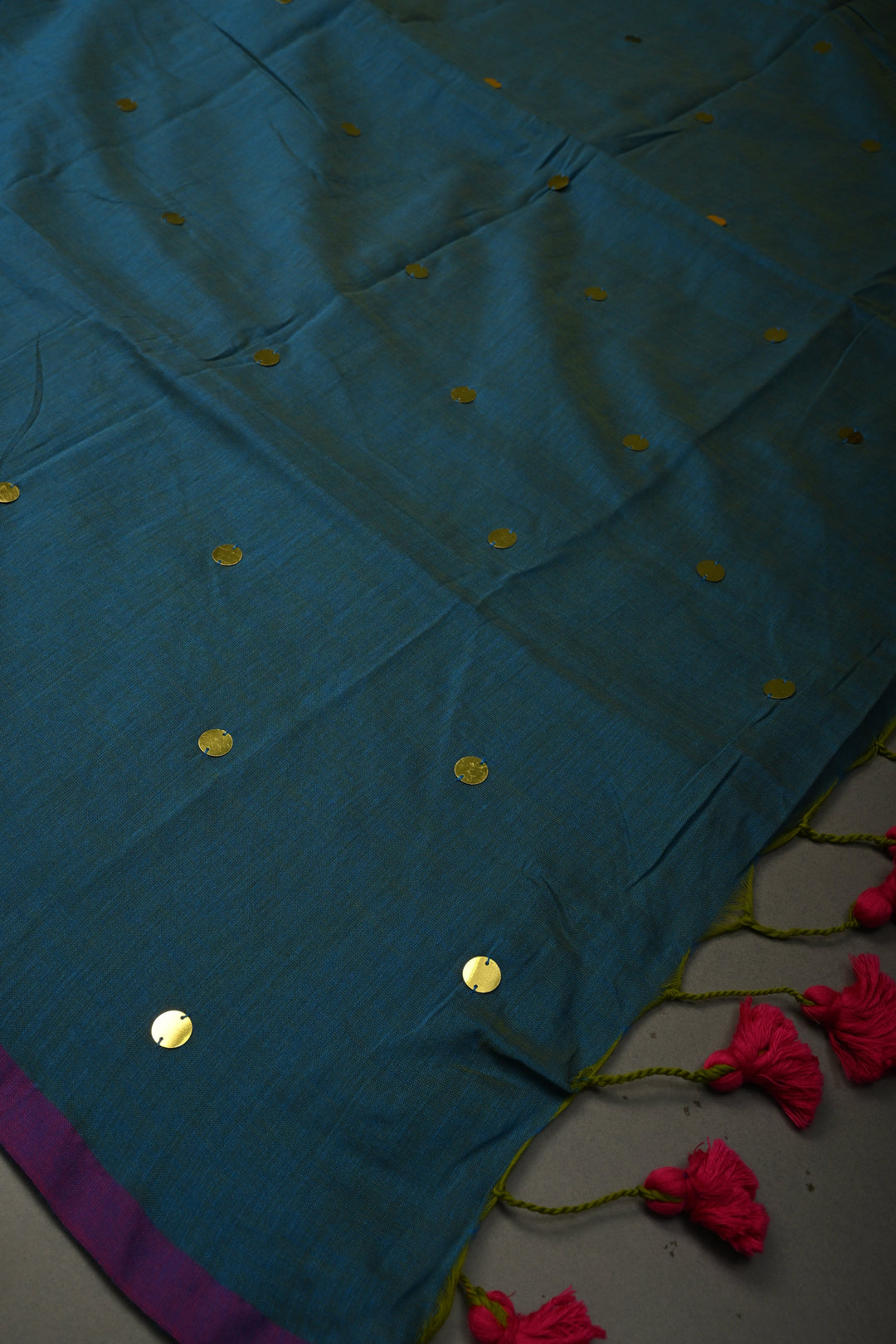Peacock Blue Dual Tone Mercerized Mul Cotton Saree with Tikki Work and Long Tassels, No Blouse Piece | SHOBITAM