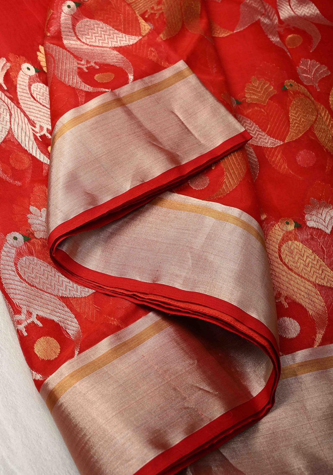 Chanderi Silk Saree in Red with Zari Butta  Meenakari Sona Rupa Twin Peacock Buttas above Zari Border
