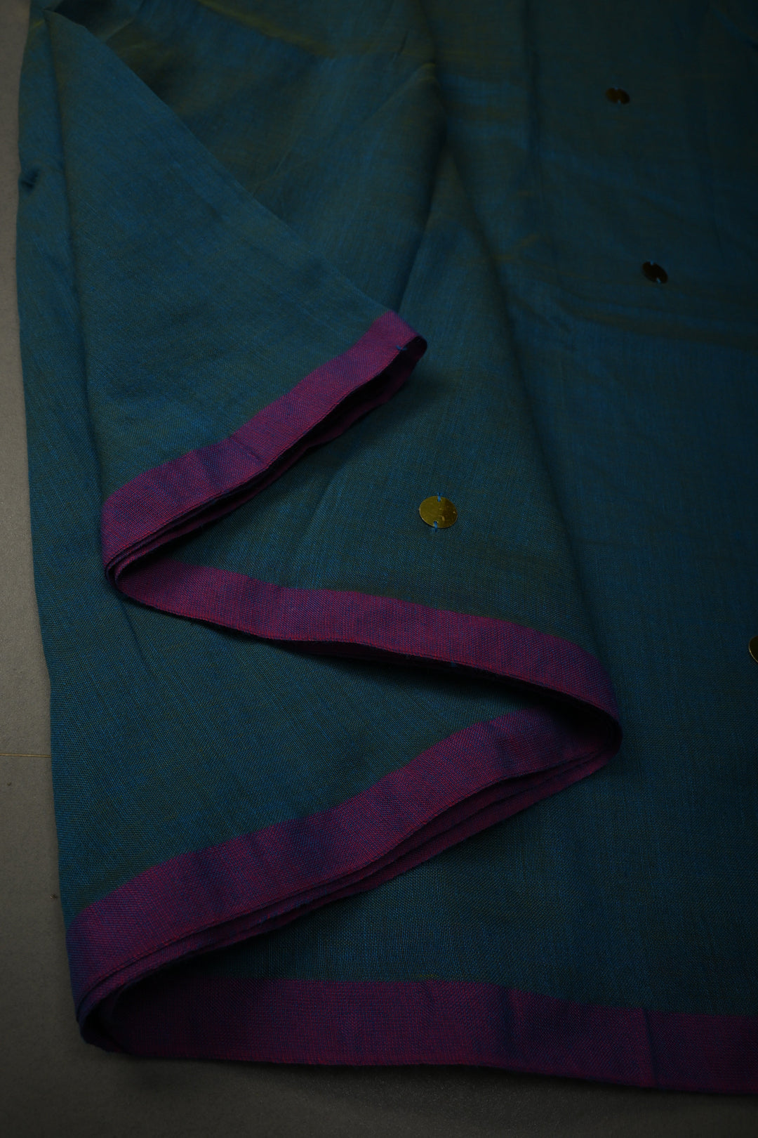 Peacock Blue Dual Tone Mercerized Mul Cotton Saree with Tikki Work and Long Tassels, No Blouse Piece | SHOBITAM
