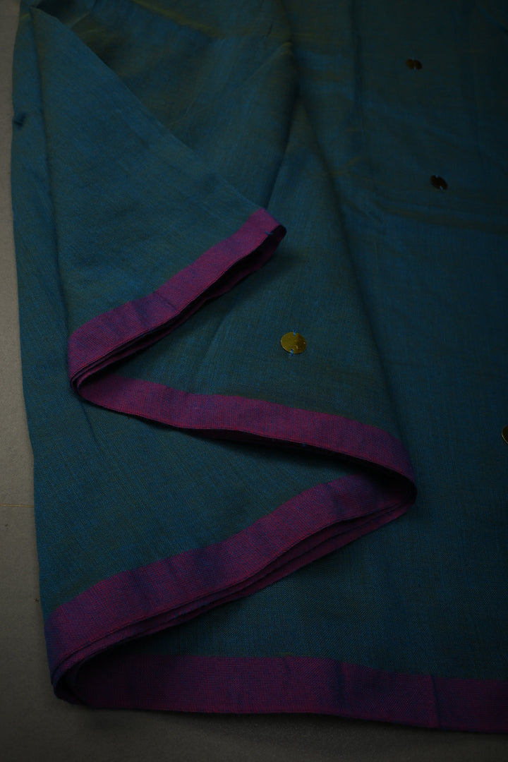 Peacock Blue Dual Tone Mercerized Mul Cotton Saree with Tikki Work and Long Tassels, No Blouse Piece | SHOBITAM