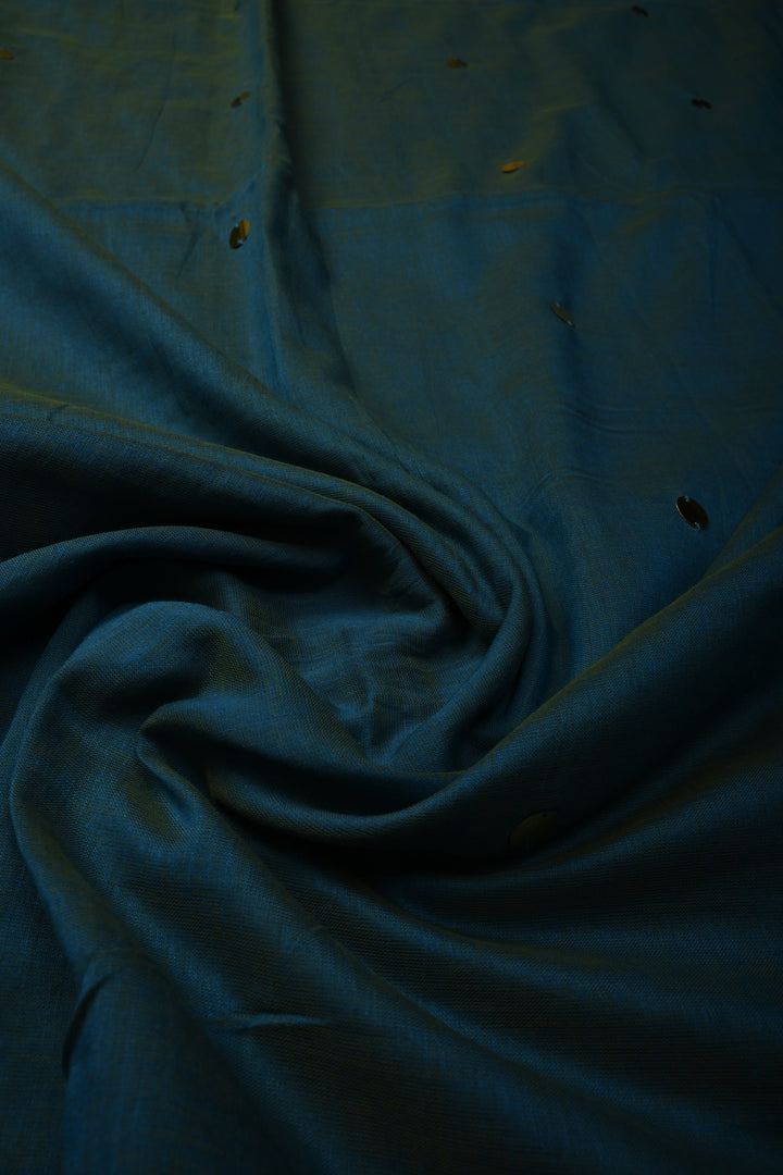 Peacock Blue Dual Tone Mercerized Mul Cotton Saree with Tikki Work and Long Tassels, No Blouse Piece | SHOBITAM