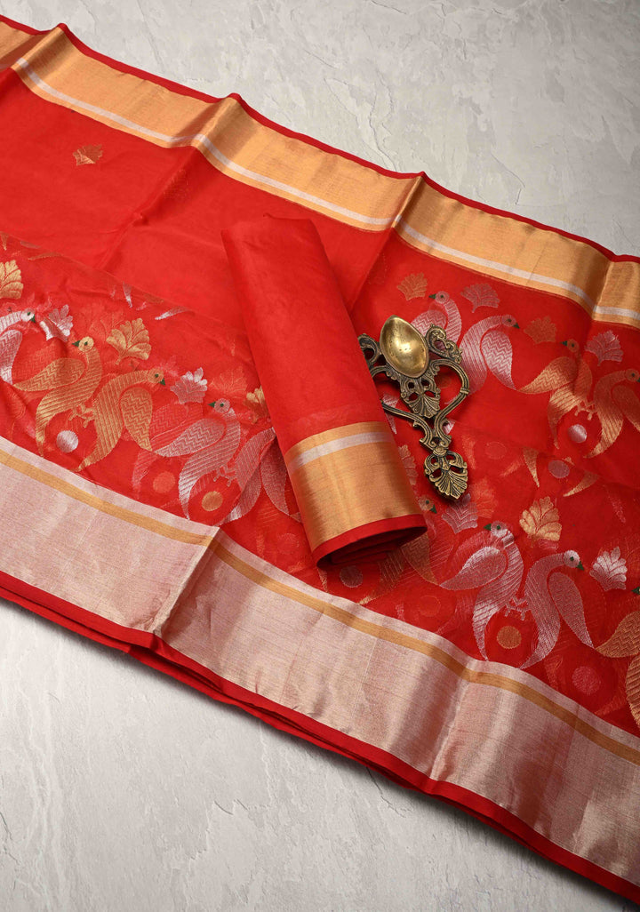 Chanderi Silk Saree in Red with Zari Butta  Meenakari Sona Rupa Twin Peacock Buttas above Zari Border