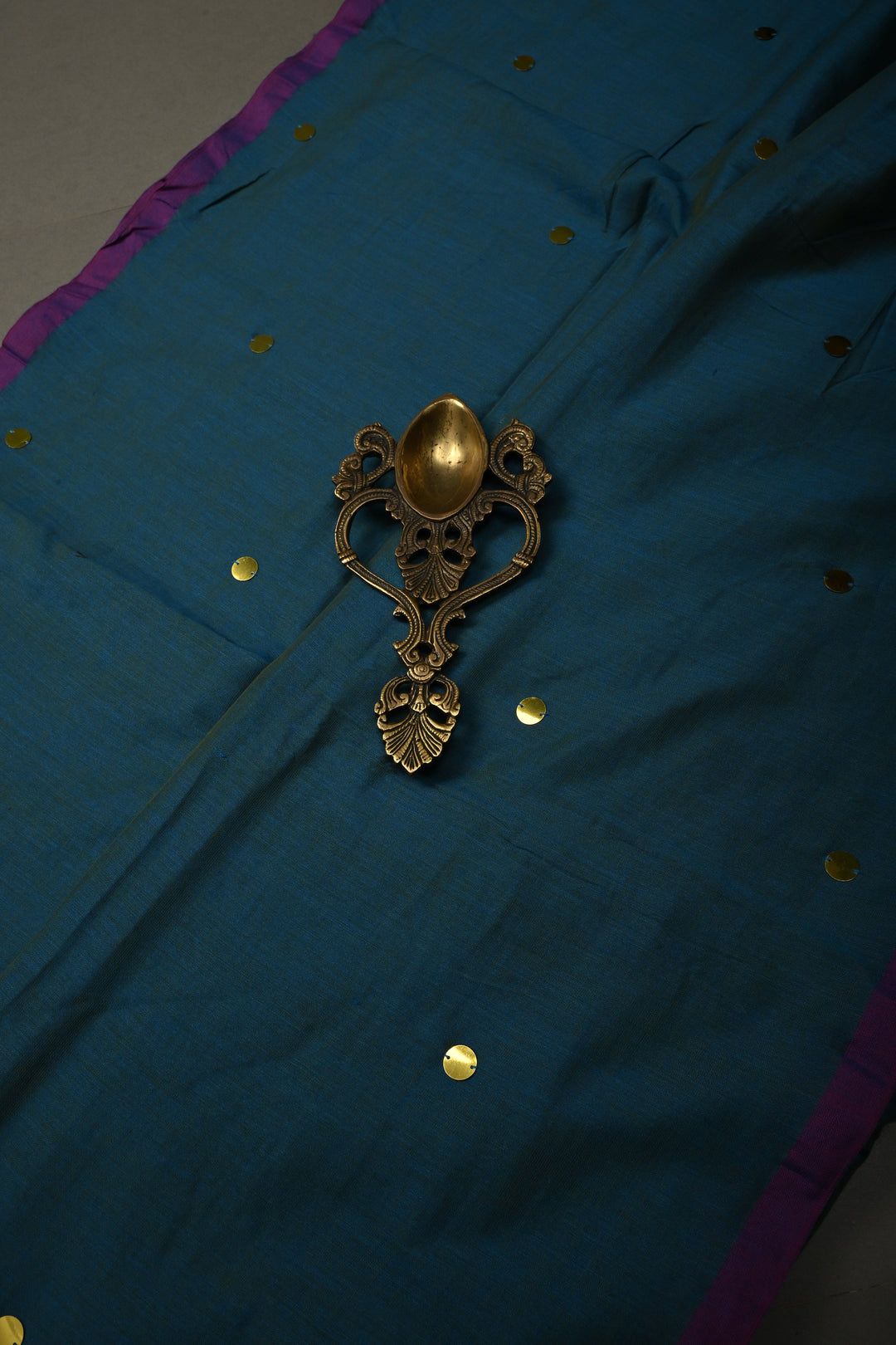 Peacock Blue Dual Tone Mercerized Mul Cotton Saree with Tikki Work and Long Tassels, No Blouse Piece | SHOBITAM